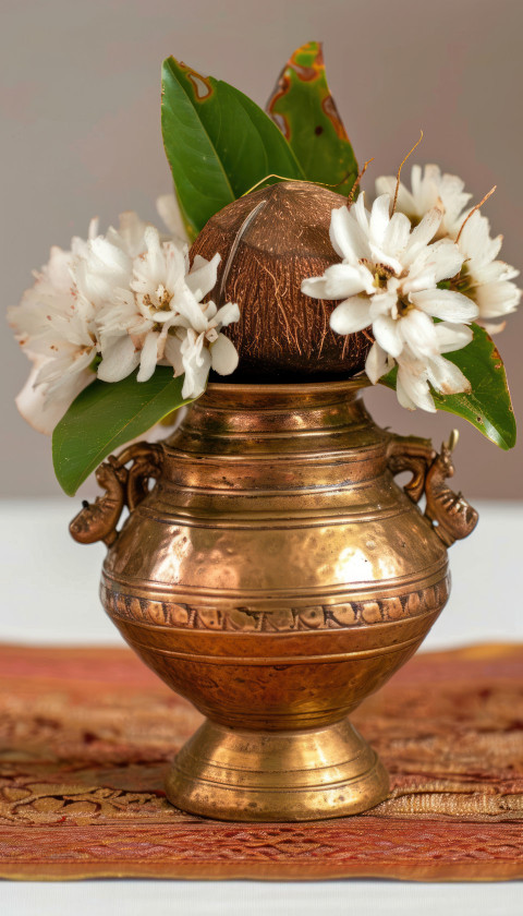 Closeup of kalasha symbolizing prosperity with a brass pot and coconut Closeup of kalasha symbolizing prosperity with a brass pot and coconut, gudi padwa decoration concept