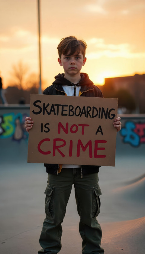 Teenage boy in rugged streetwear holds bold 'Skateboarding is Not a Crime' sign at sunset skate park. Street scene art with Flux prompt Teenage boy in rugged streetwear holds bold 'Skateboarding is Not a Crime' sign at sunset skate park. Street scene art with Flux prompt