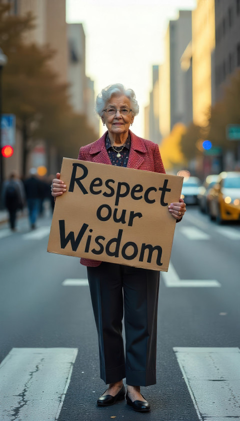 Elderly woman in vintage wear proudly holds 'Respect Our Wisdom' sign at city crosswalk in morning light. Street scene art with Flux prompt Elderly woman in vintage wear proudly holds 'Respect Our Wisdom' sign at city crosswalk in morning light. Street scene art with Flux prompt