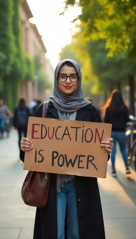 Middle Eastern young woman with inspired look holds 'Education is Power' sign on vibrant university campus. Street scene art with Flux prompt Middle Eastern young woman with inspired look holds 'Education is Power' sign on vibrant university campus. Street scene art with Flux prompt