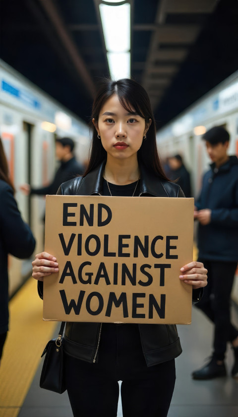 Young Asian woman in sleek urban style holds 'End Violence Against Women' sign at night metro station. Street scene art with Flux prompt Young Asian woman in sleek urban style holds 'End Violence Against Women' sign at night metro station. Street scene art with Flux prompt