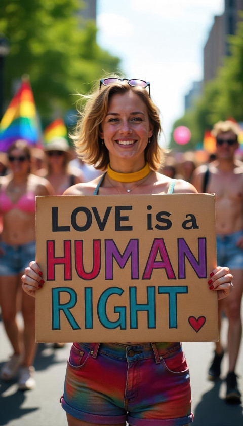 Nonbinary young adult in colorful fashion beams while holding 'Love is a Human Right' sign at pride parade. Street scene art with Flux prompt Nonbinary young adult in colorful fashion beams while holding 'Love is a Human Right' sign at pride parade. Street scene art with Flux prompt