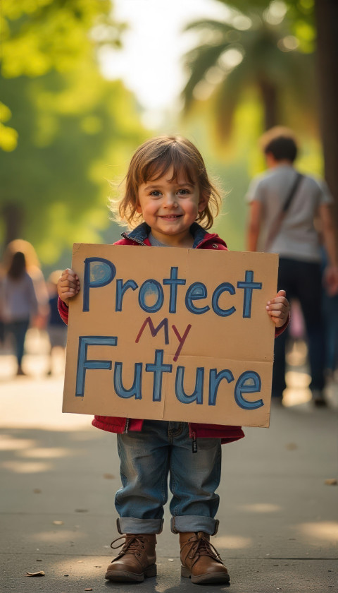 Hopeful child in playful clothes stands with 'Protect My Future' sign in public park late afternoon. Street scene art with Flux prompt Hopeful child in playful clothes stands with 'Protect My Future' sign in public park late afternoon. Street scene art with Flux prompt