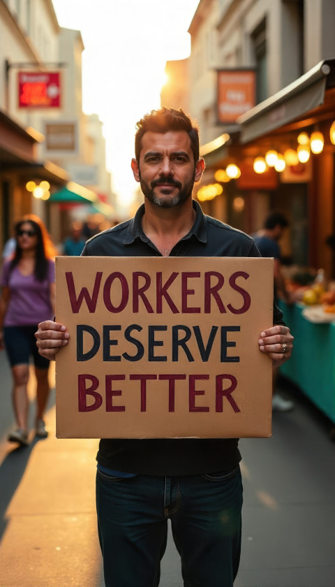 Hispanic man in casual workwear holds 'Workers Deserve Better' sign at busy marketplace during golden hour. Street scene art with Flux prompt Hispanic man in casual workwear holds 'Workers Deserve Better' sign at busy marketplace during golden hour. Street scene art with Flux prompt