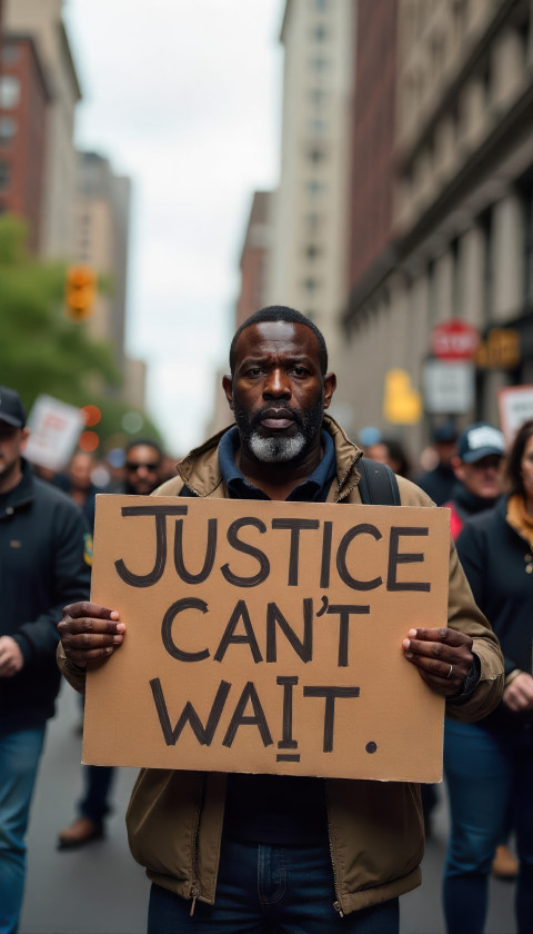 Middle-aged Black man with determined look holds 'Justice Can't Wait' sign at protest march downtown. Street scene art with Flux prompt Middle-aged Black man with determined look holds 'Justice Can't Wait' sign at protest march downtown. Street scene art with Flux prompt