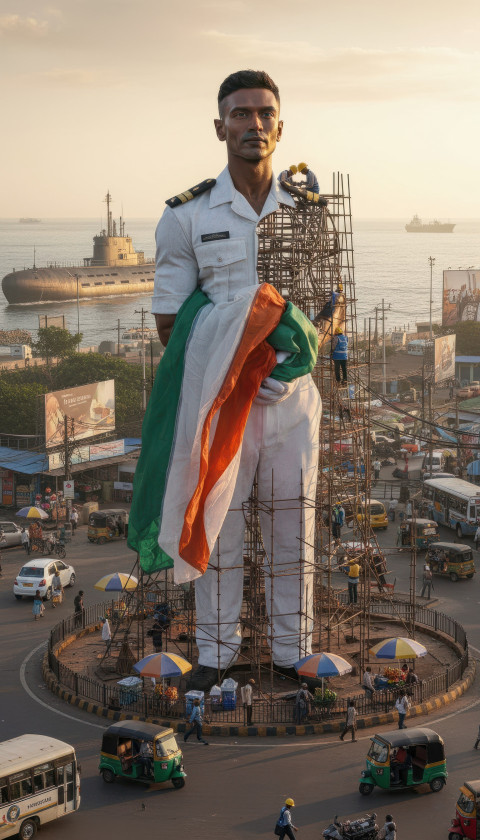 Giant statue ai prompt for google gemini nano banana of navy officer holding folded flag