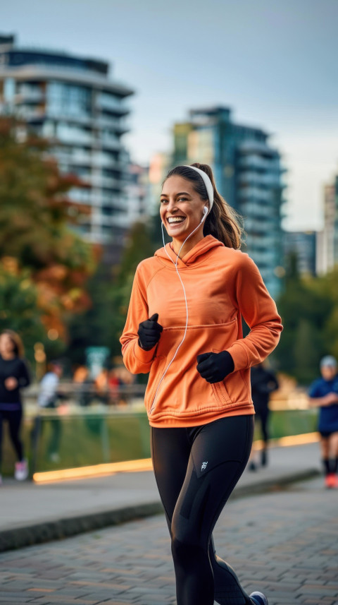 A smiling woman in an orange hoodie and black leggings jogs in the city while listening to music on earphones A smiling woman in an orange hoodie and black leggings jogs in the city while listening to music on earphones, showing fitness and urban life