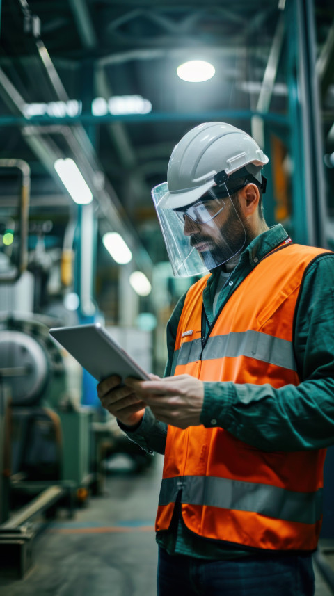A worker in an industrial setting uses his tablet to convey idea A worker in an industrial setting uses his tablet to convey idea