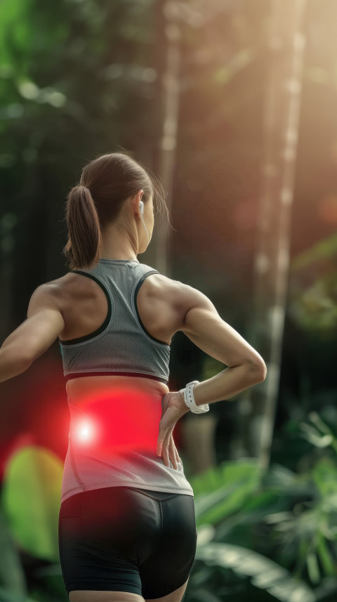 A female runner with back pain from running highlighting her lower back and hip area healthcare and fitness issues A female runner with back pain from running highlighting her lower back and hip area healthcare and fitness issues