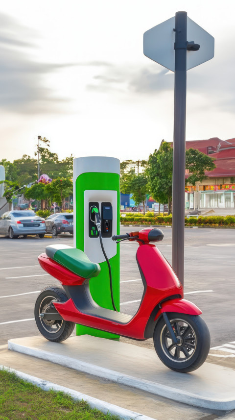Red and green electric scooter at charging station in thailand with parking lot in the background Red and green electric scooter at charging station in thailand with parking lot in the background