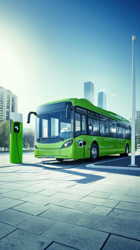 Green bus charging at an electric vehicle charging station electric bus Green bus charging at an electric vehicle charging station electric bus