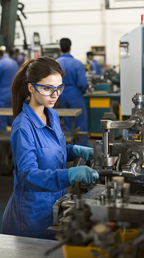 Indian female industrial worker standing next to a metal lathe machine Indian female industrial worker standing next to a metal lathe machine
