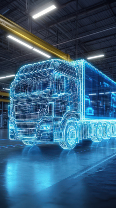 Wireframe holographic truck in warehouse showcasing industrial logistics technology Wireframe holographic truck in warehouse showcasing industrial logistics technology