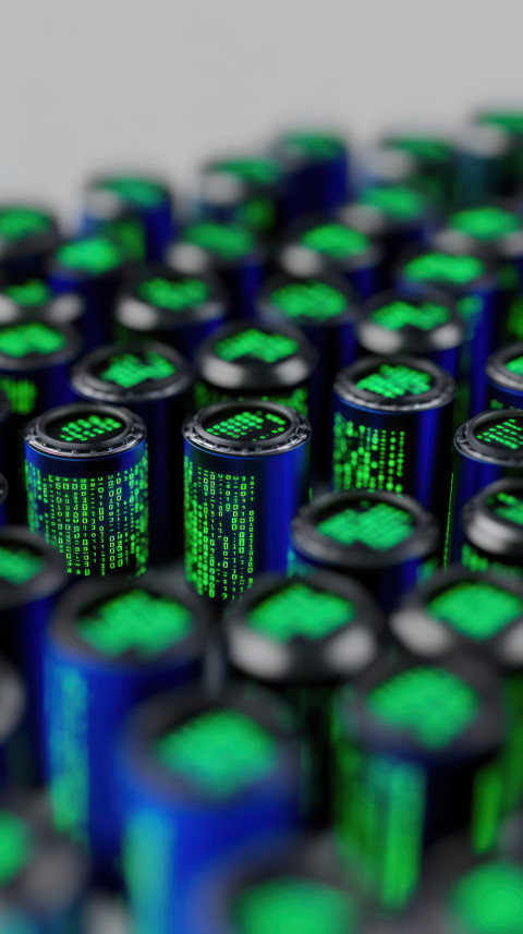 Blue and green battery cells with visible binary codes symbolize digital technology and energy storage for electric vehicles