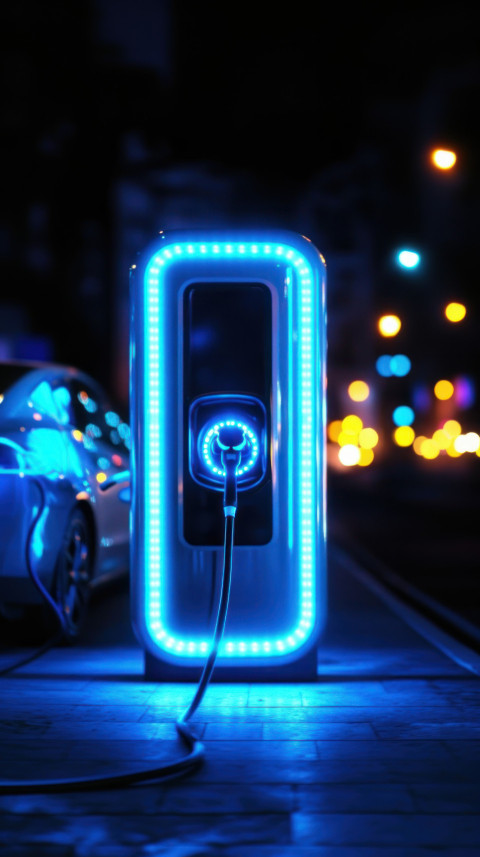 Charging station with blue neon lights illuminated by the soft glow of streetlights at night Charging station with blue neon lights illuminated by the soft glow of streetlights at night