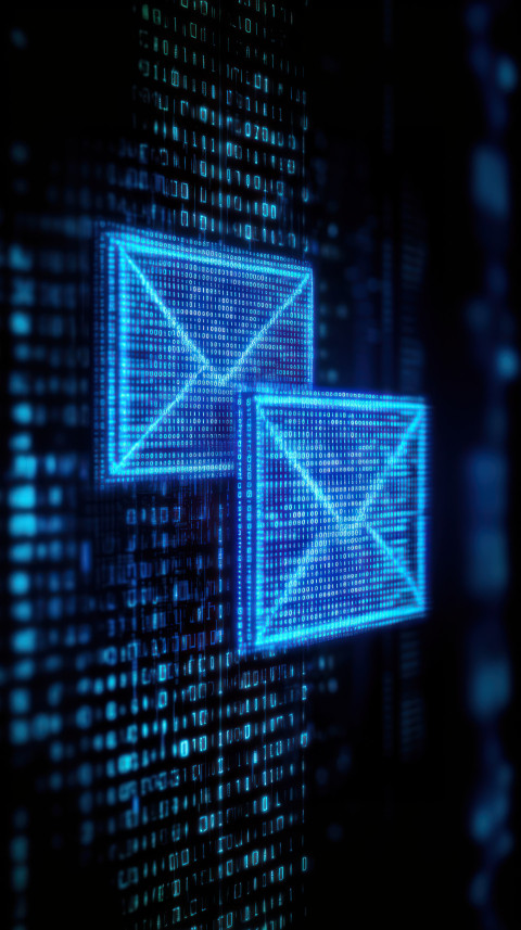 Two blue glowing digital envelopes on a black background with binary code in the foreground Two blue glowing digital envelopes on a black background with binary code in the foreground