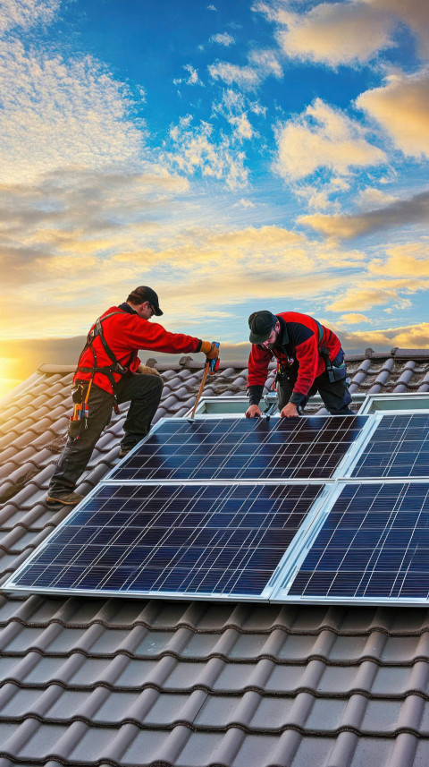 Two men in red and black work jackets installing solar panels on a rooftop under a sunset sky Two men in red and black work jackets installing solar panels on a rooftop under a sunset sky