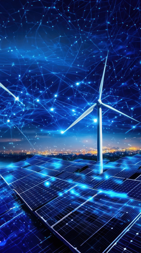 Wind turbines and solar panels interconnected by glowing blue data lines against a night sky symbolizing clean energy and technology integration