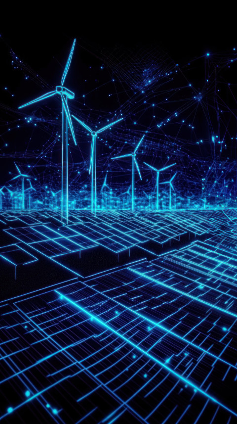 Digital rendering of wind turbines and solar panels connected by glowing blue lines on the ground Digital rendering of wind turbines and solar panels connected by glowing blue lines on the ground