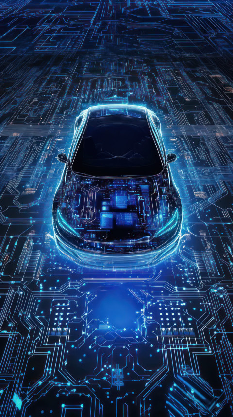 A car in focus atop an electronic circuit background A car in focus atop an electronic circuit background