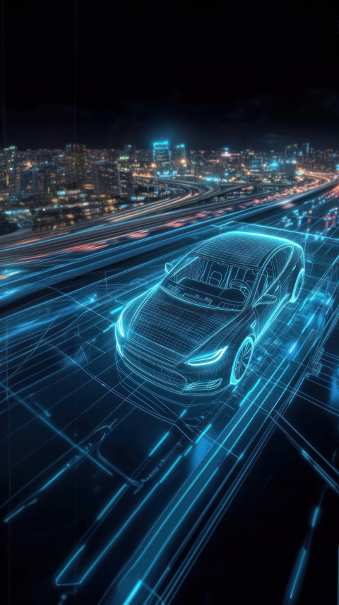 A hologram of an electric car on a highway surrounded by digital lines and futuristic elements A hologram of an electric car on a highway surrounded by digital lines and futuristic elements
