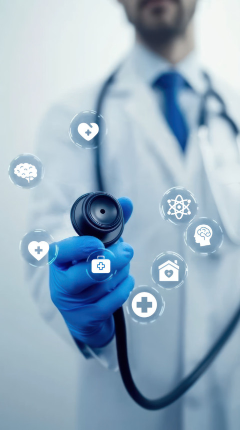 Doctor wearing blue gloves holding stethoscope with medical icons floating in front Doctor wearing blue gloves holding stethoscope with medical icons floating in front
