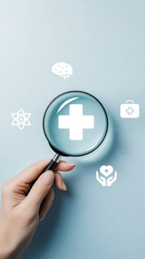 Hand holding magnifying glass over medical cross icon on light blue background with space for text