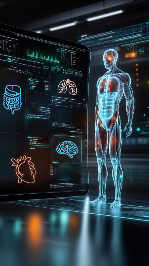 Holographic display of human body showing detailed data points and interactive elements