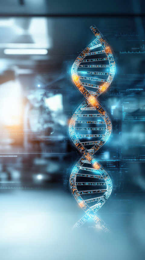 Double helix DNA model with flowing digital data