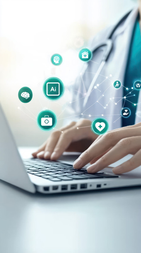 Doctor typing on laptop with digital icons emerging from keyboard Doctor typing on laptop with digital icons emerging from keyboard