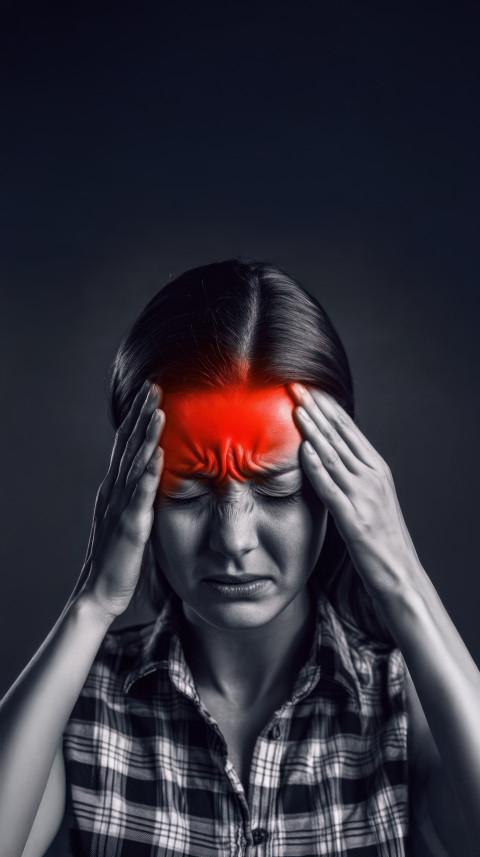 A woman holds the sides of her face and temple with a red glow of pain on her head