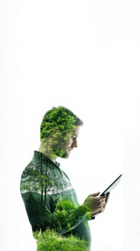 A double exposure image of an adult man reading from a tablet