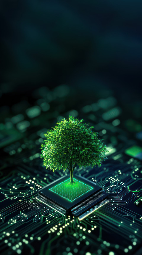 A vibrant green tree grows on an electronic chip surrounded by intricate circuit board patterns
