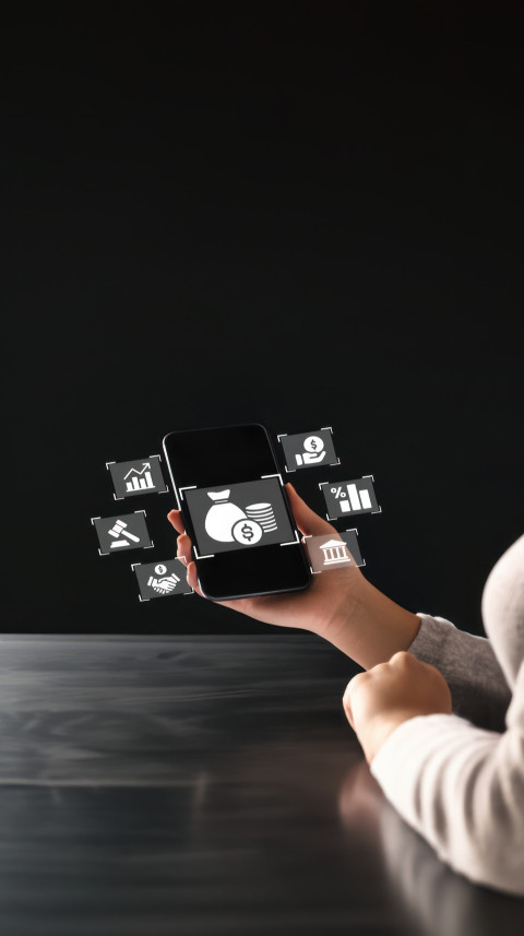 Woman holds a phone displaying TAX with floating icons Woman holds a phone displaying TAX with floating icons