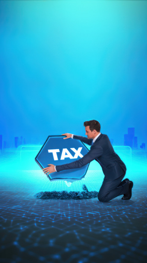 Businessman kneels while pushing a hexagon labeled TAX Businessman kneels while pushing a hexagon labeled TAX