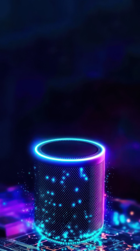 Voice assistant device with neon lights floating above a circuit board background Voice assistant device with neon lights floating above a circuit board background