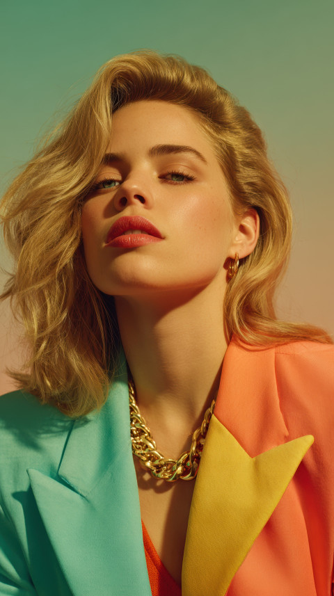 White woman in shoulder-padded blazer and chunky gold chain necklace poses strong against pastel background. Retro fashion prompt