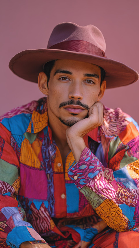 Latino man in patterned silk shirt with wide-brim fedora posing with style against pastel background. Retro fashion prompt