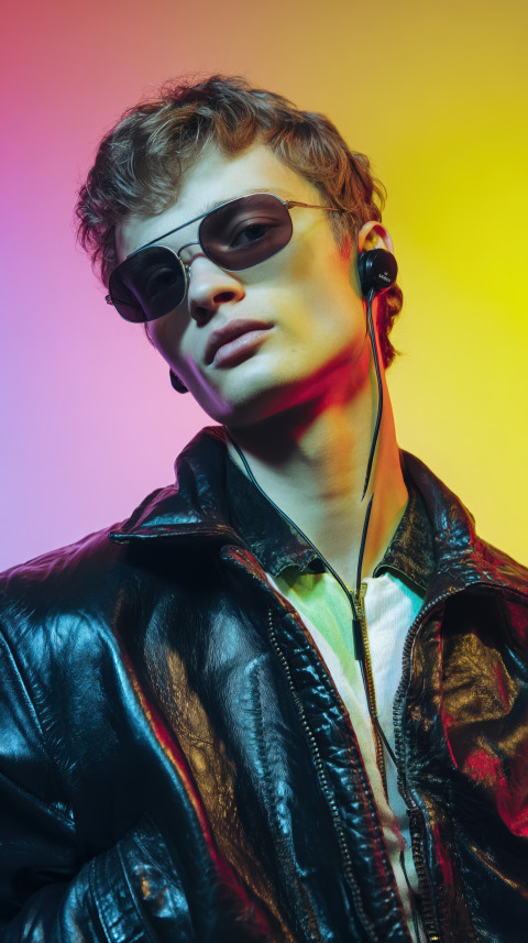 White male model in leather bomber jacket with Walkman headset standing bold against pastel setting. Retro fashion prompt