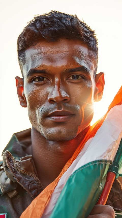 Indian soldier holds fluttering flag near India Gate at sunrise Indian soldier holds fluttering flag near India Gate at sunrise