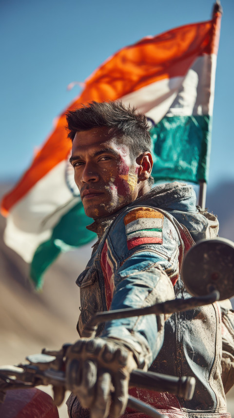 Indian biker with flag on motorcycle in Ladakh sunrise Indian biker with flag on motorcycle in Ladakh sunrise