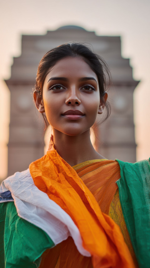 Indian woman beside fluttering flag at India Gate twilight