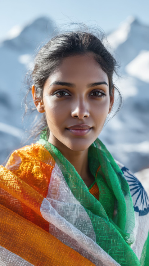 Indian woman draped in flag like a shawl in snowy Himalayan valley at dawn. Independence Day