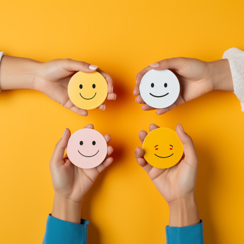 female hands holding four colored smiley stickers isolated on ye female hands holding four colored smiley stickers isolated on ye