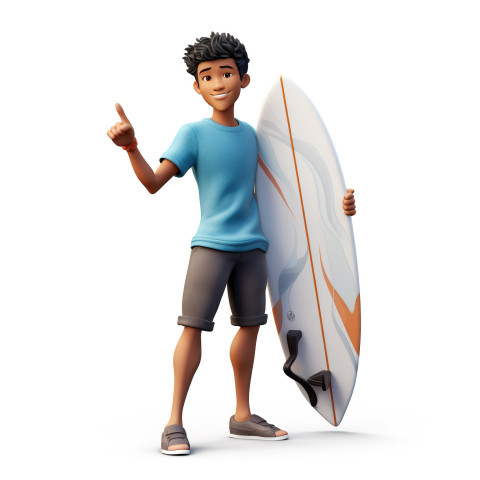 A photo of a fun asian teenager with a surfboard, cartoon character and illustration Get unlimited access to a library of free ai prompts and ai images to help you generate creative ideas.