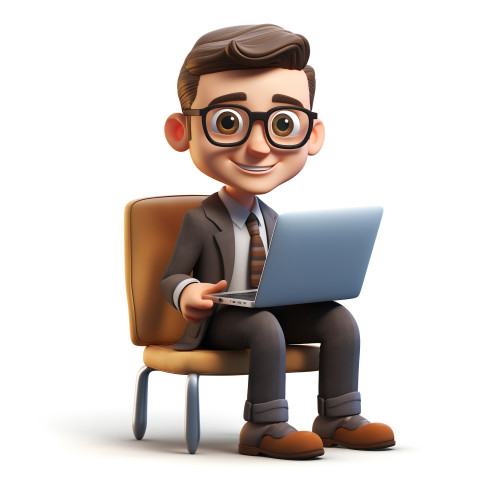 A photo of a cute young businessman character cartoon with a chair using a laptop computer, cartoon character and illustration Get unlimited access to a library of free ai prompts and ai images to help you generate creative ideas.