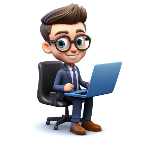 A photo of a cute young businessman character cartoon with a chair using a laptop computer, cartoon character and illustration Get unlimited access to a library of free ai prompts and ai images to help you generate creative ideas.