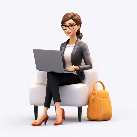 A photo of a cartoon businesswoman sitting in a chair working on a laptop, cartoon character and illustration A photo of a cartoon businesswoman sitting in a chair working on a laptop, cartoon character and illustration