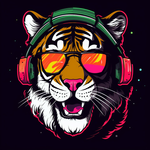 Partying tiger in neon Partying tiger in neon, animal t-shirt designs, animal t-shirt design stock images, animal t-shirt design ai prompts