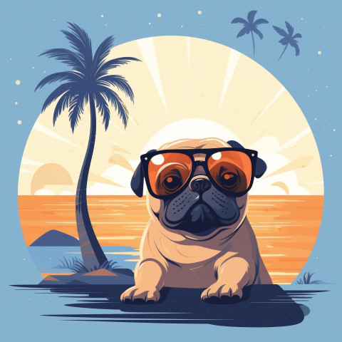 Stylish pug with sunglasses at the beach Stylish pug with sunglasses at the beach, animal t-shirt designs, animal t-shirt design stock images, animal t-shirt design ai prompts